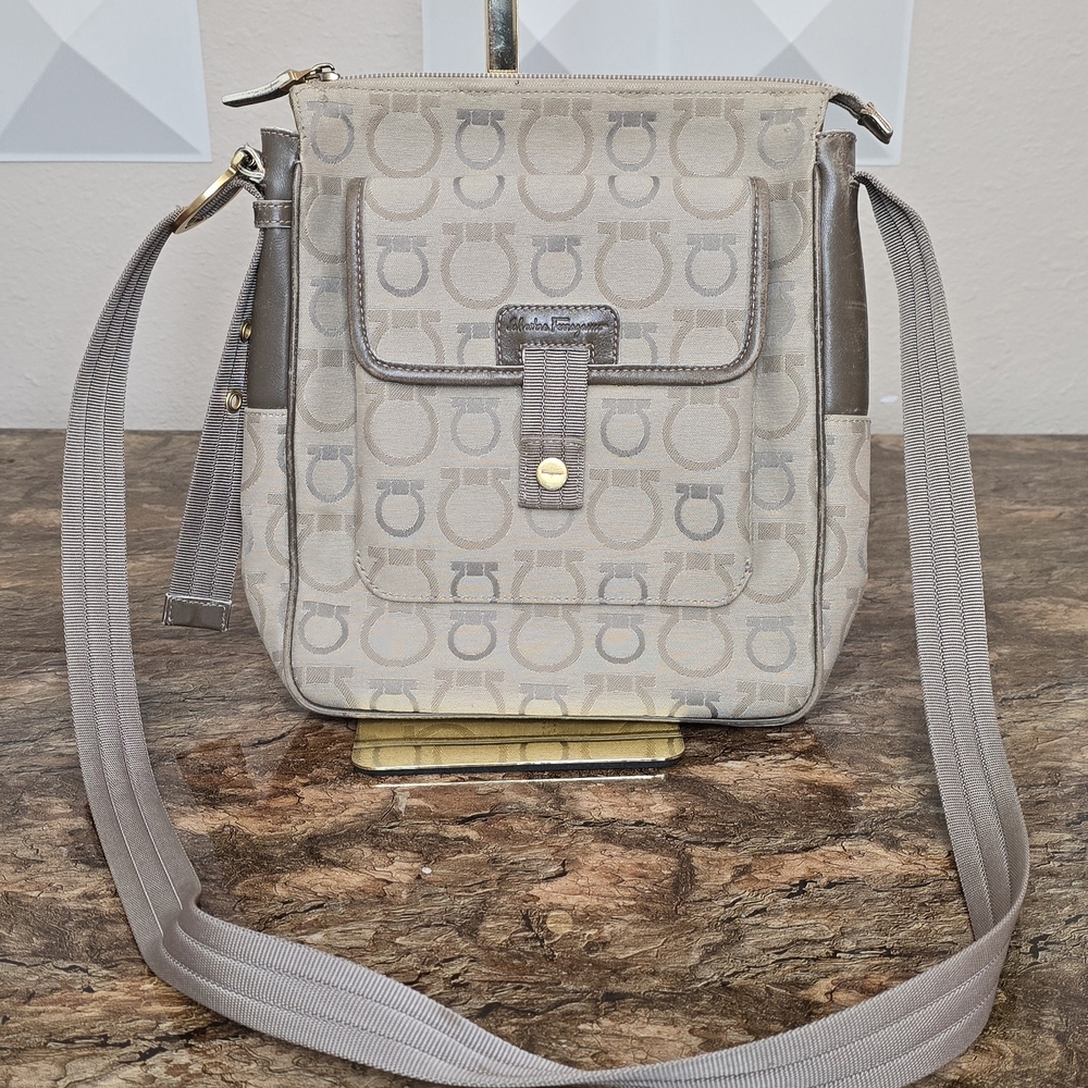 Salvatore Ferragamo Monogram Crossbody Bag Gancini Print Canvas Leather Trim